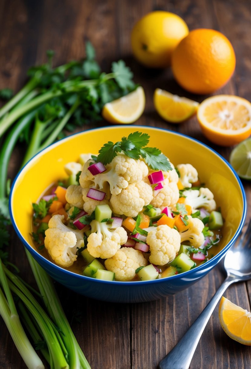 A colorful bowl of cauliflower ceviche surrounded by fresh vegetables and citrus fruits on a wooden table