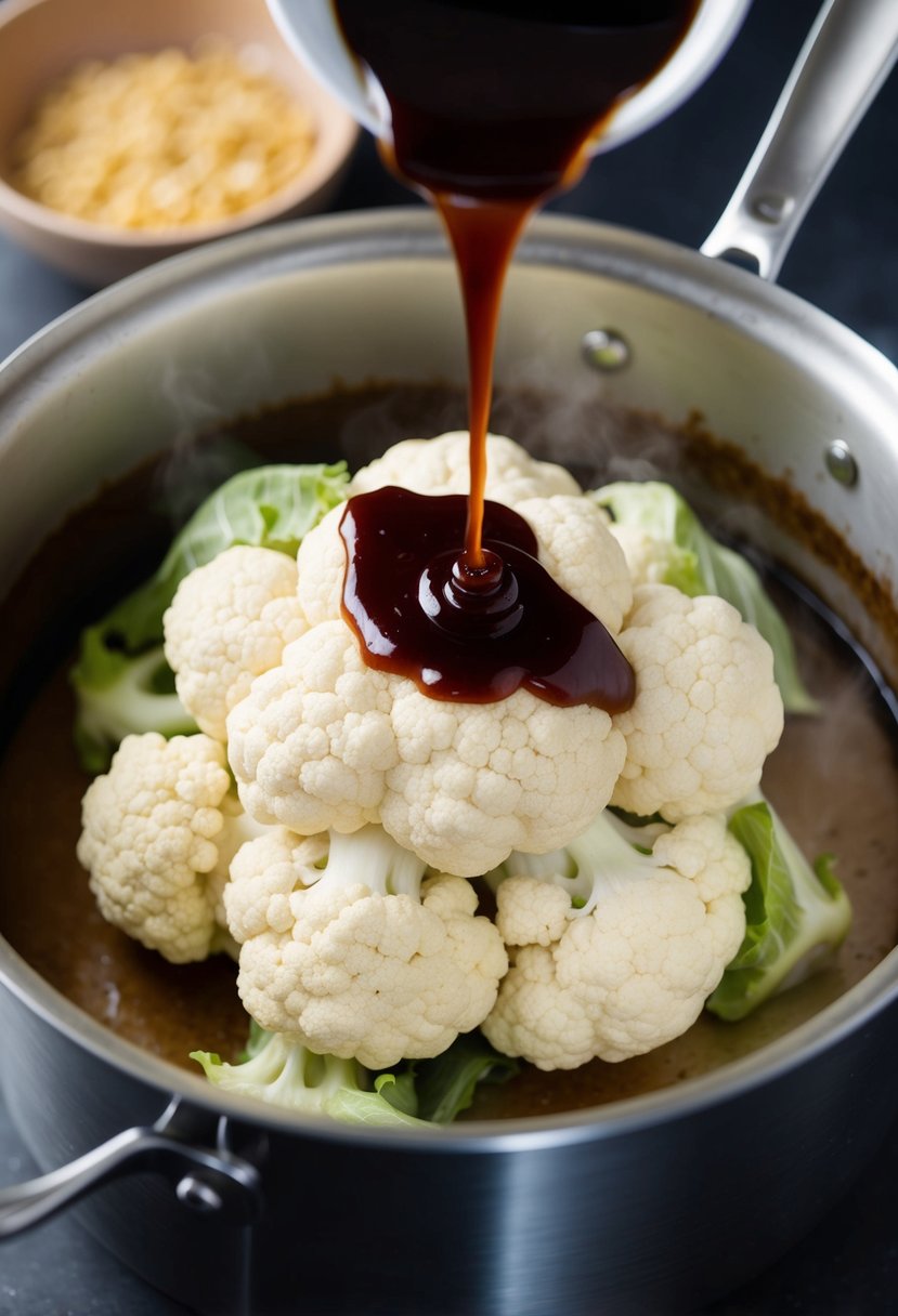 A head of cauliflower steaming in a pot with balsamic glaze being drizzled over it