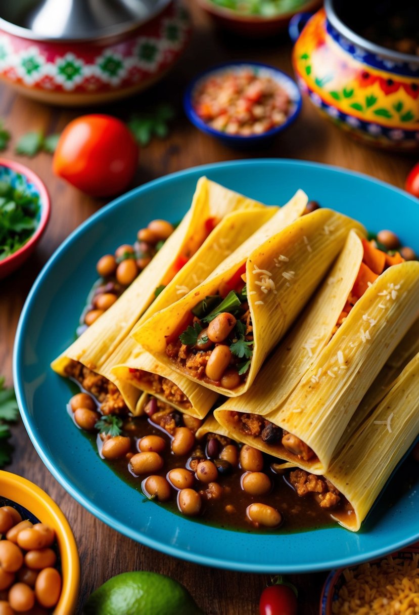 A steaming plate of vegan tamales with spicy beans, surrounded by colorful Mexican ingredients and traditional cookware