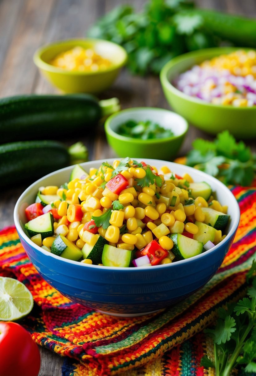 A vibrant bowl of zucchini and corn salad with colorful Mexican ingredients