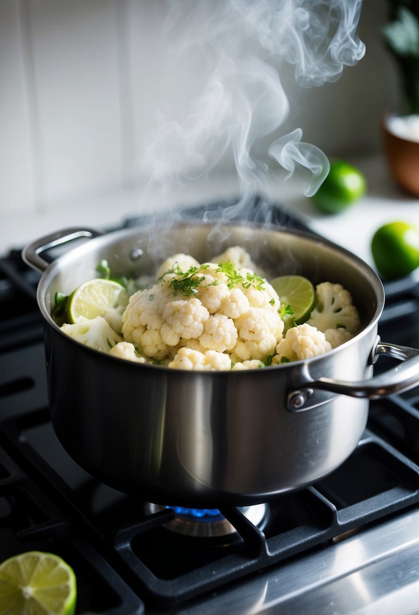 A steaming pot of coconut lime-infused cauliflower on a stovetop