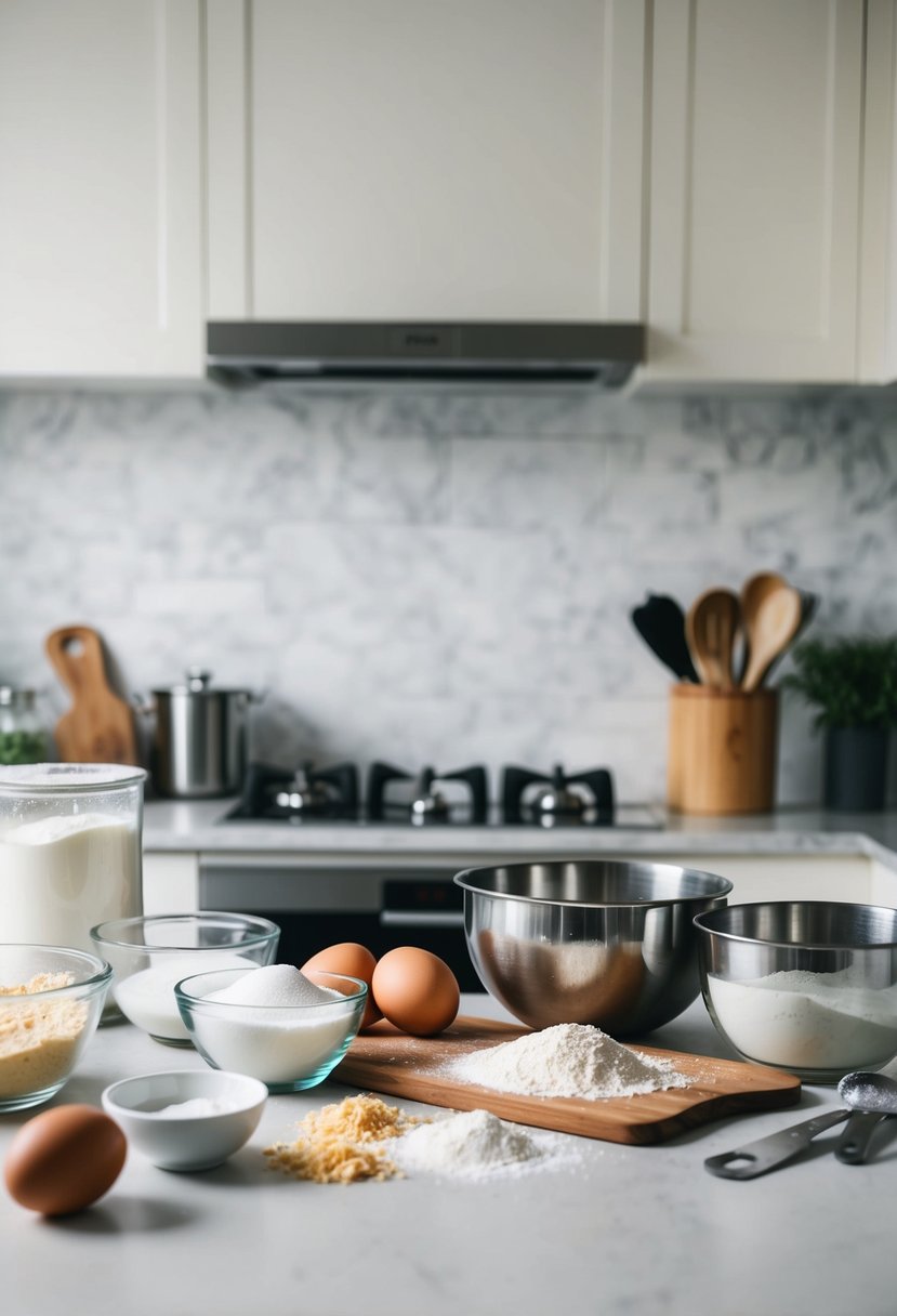 A kitchen counter with various baking ingredients and utensils scattered around, including flour, sugar, eggs, and mixing bowls