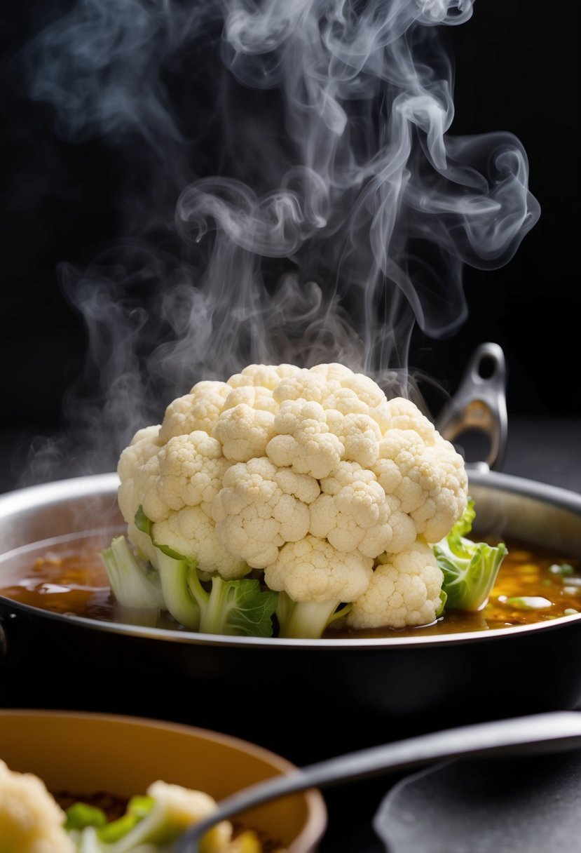 A head of cauliflower being steamed in a teriyaki-infused liquid, surrounded by steam and the aroma of savory flavors