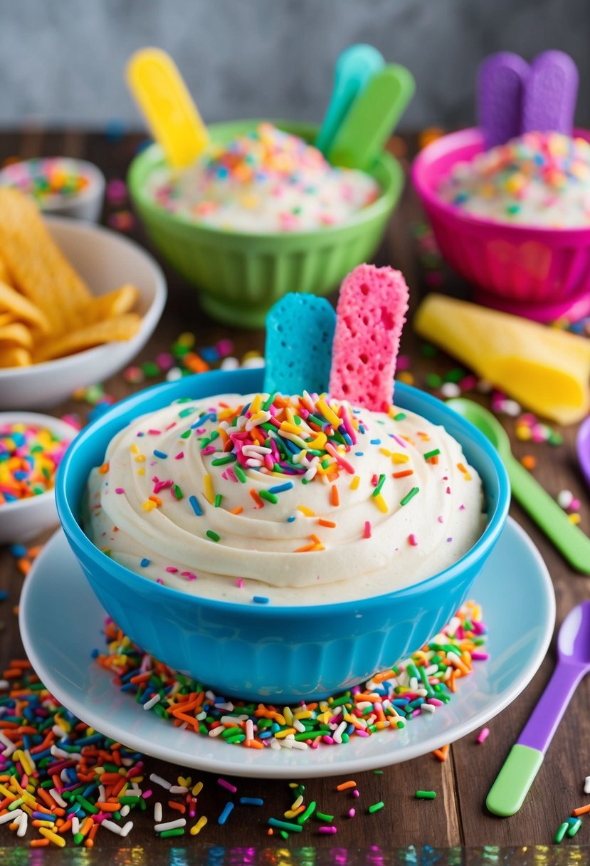 A bowl of colorful Funfetti cake batter dip surrounded by sprinkles and served with assorted dippers on a festive table setting