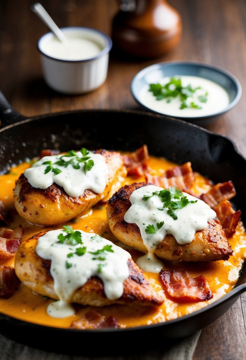 A sizzling skillet with juicy chicken breasts covered in melted cheese, crispy bacon, and drizzled with creamy ranch dressing