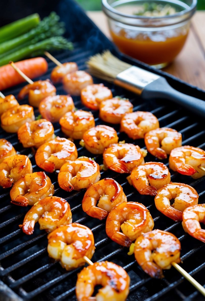 A sizzling grill with skewers of succulent shrimp coated in a sticky honey garlic glaze. Vegetables and a brush for basting are nearby