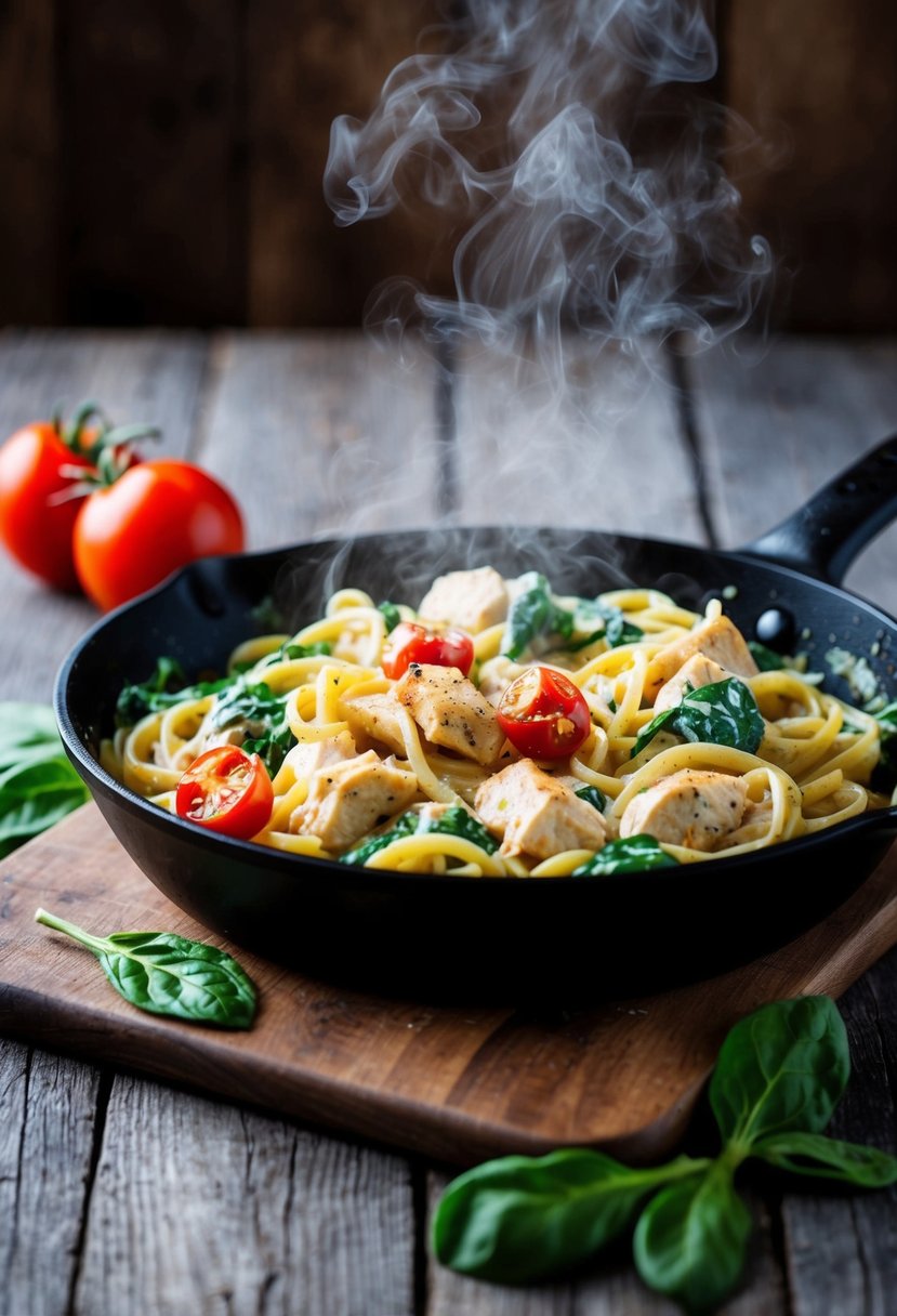 A steaming skillet of creamy Tuscan chicken pasta with spinach and tomatoes on a rustic wooden table