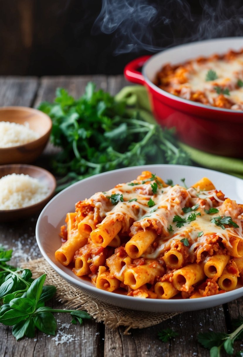 A steaming dish of baked ziti sits on a rustic wooden table, surrounded by fresh herbs and grated cheese