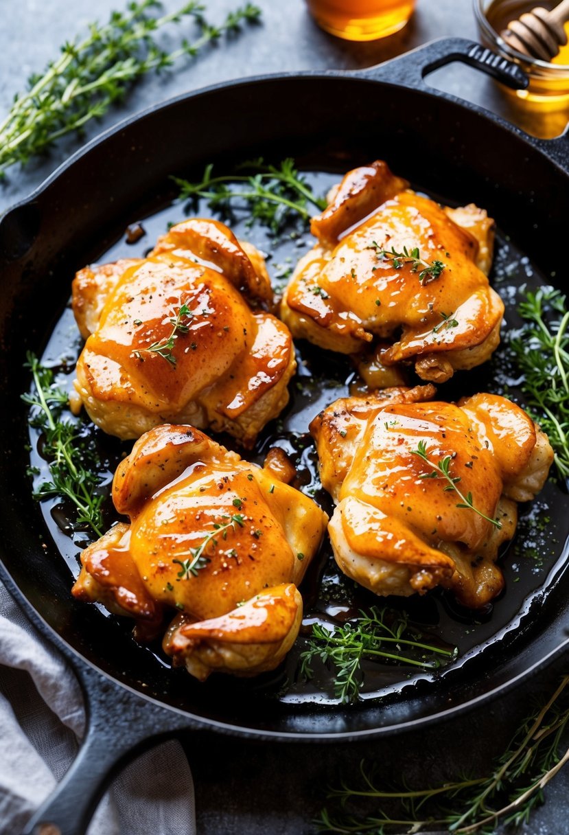 A sizzling skillet of golden-brown chicken coated in a glossy honey glaze, surrounded by sprigs of fresh herbs and a drizzle of honey