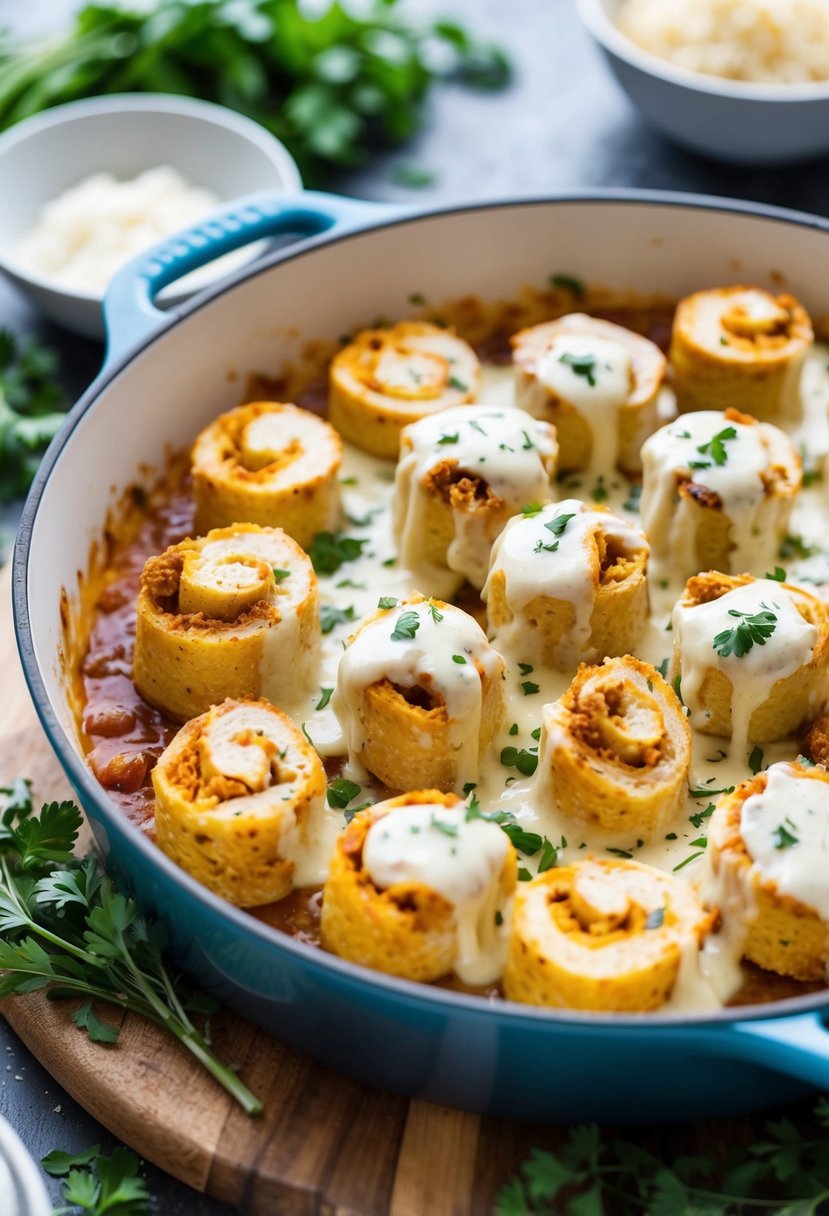 A baking dish filled with Chicken Alfredo Roll-Ups, topped with creamy sauce and melted cheese, surrounded by fresh herbs and spices