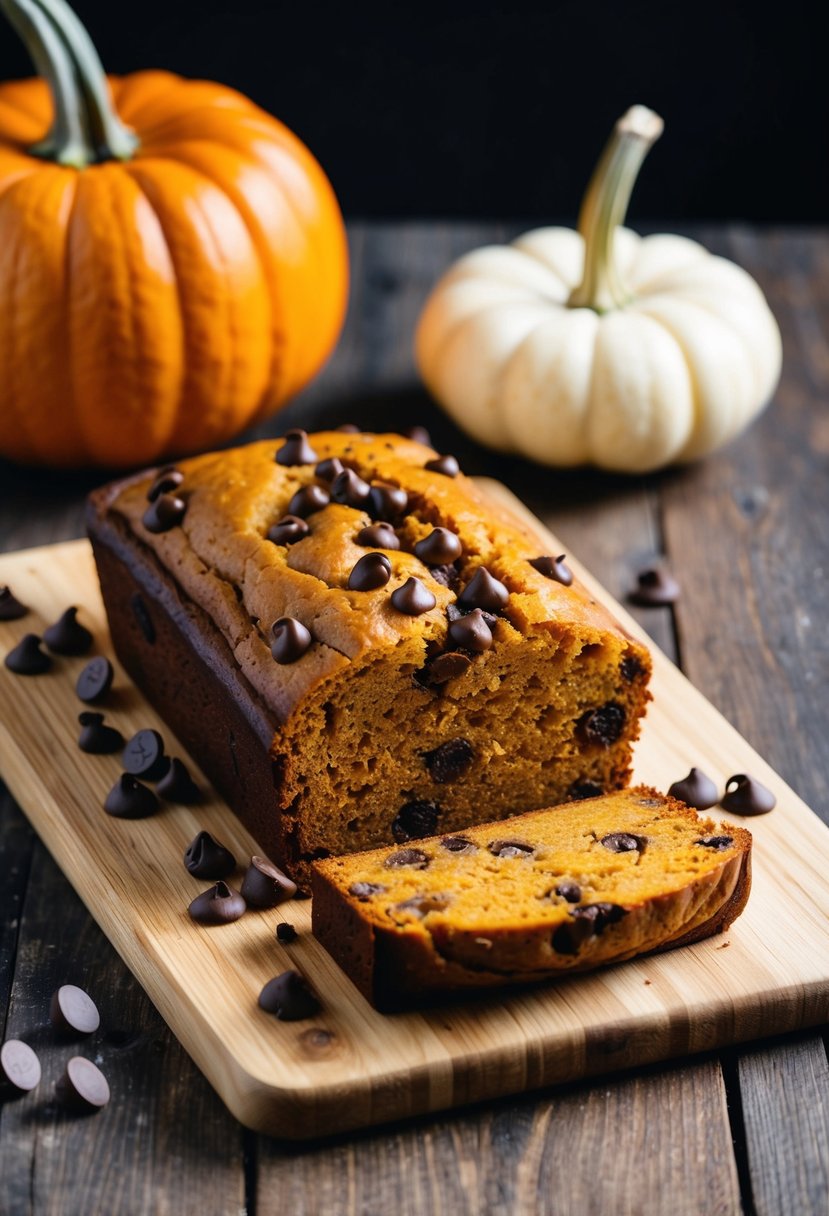 A loaf of pumpkin chocolate chip bread on a wooden cutting board with scattered chocolate chips and a pumpkin on the side