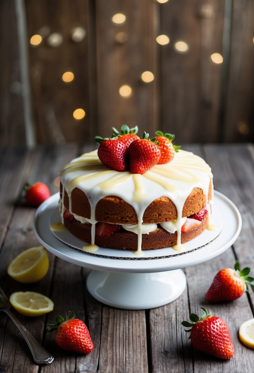 A refreshing strawberry lemonade cake sits on a rustic wooden table, adorned with fresh strawberries and a drizzle of lemon glaze