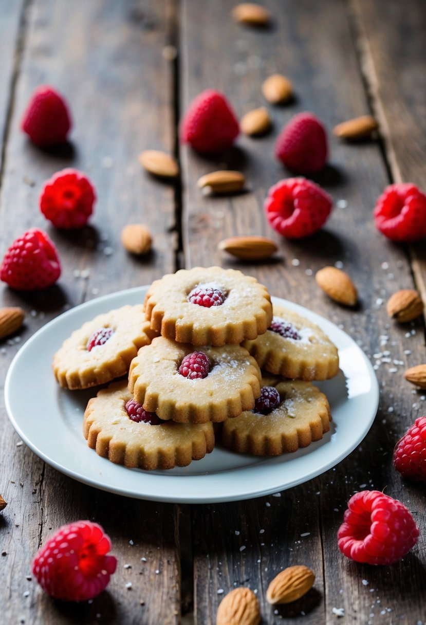 A plate of raspberry almond shortbread cookies on a rustic wooden table, surrounded by scattered almonds and fresh raspberries