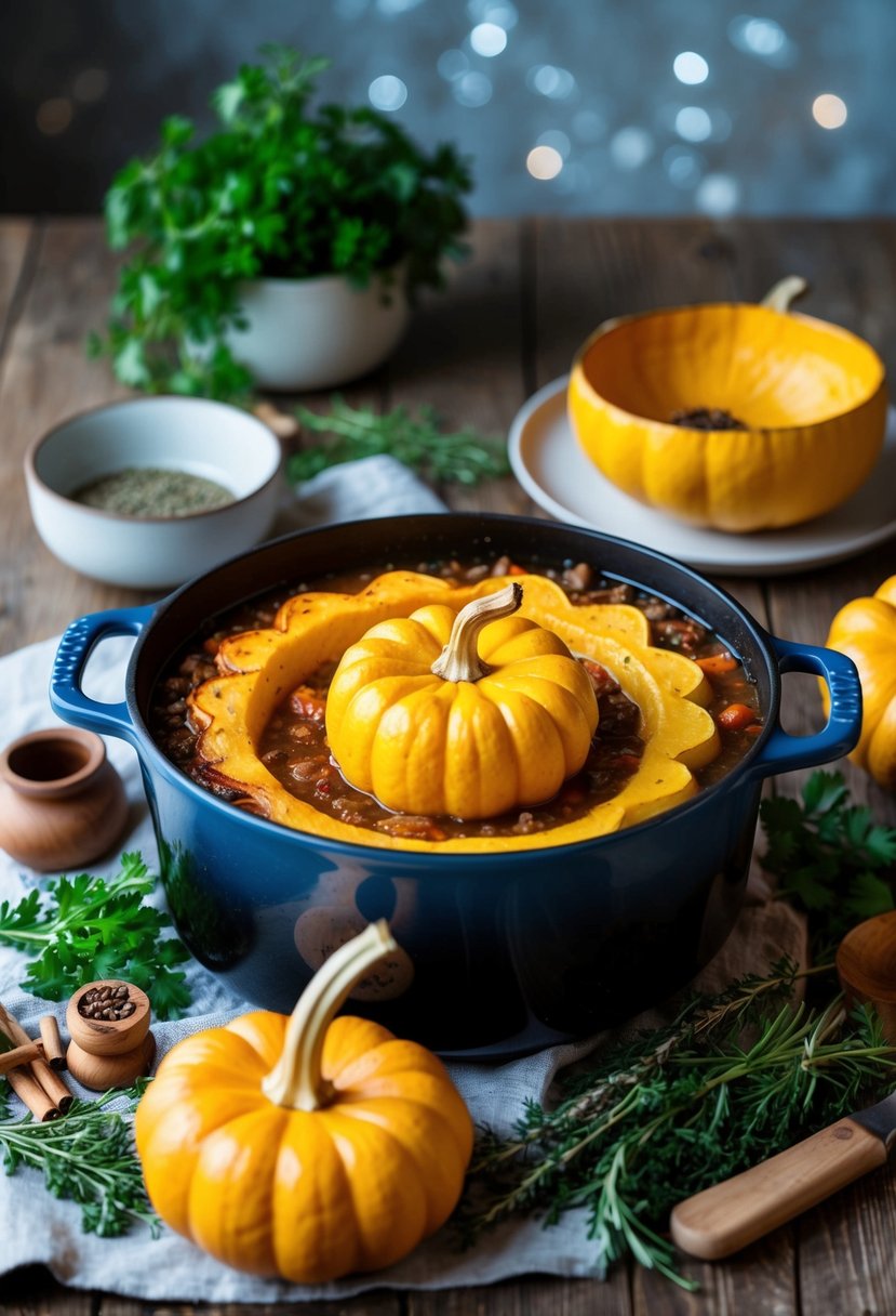 A rustic kitchen scene with a bubbling Dutch oven filled with savory squash, surrounded by fresh herbs and spices