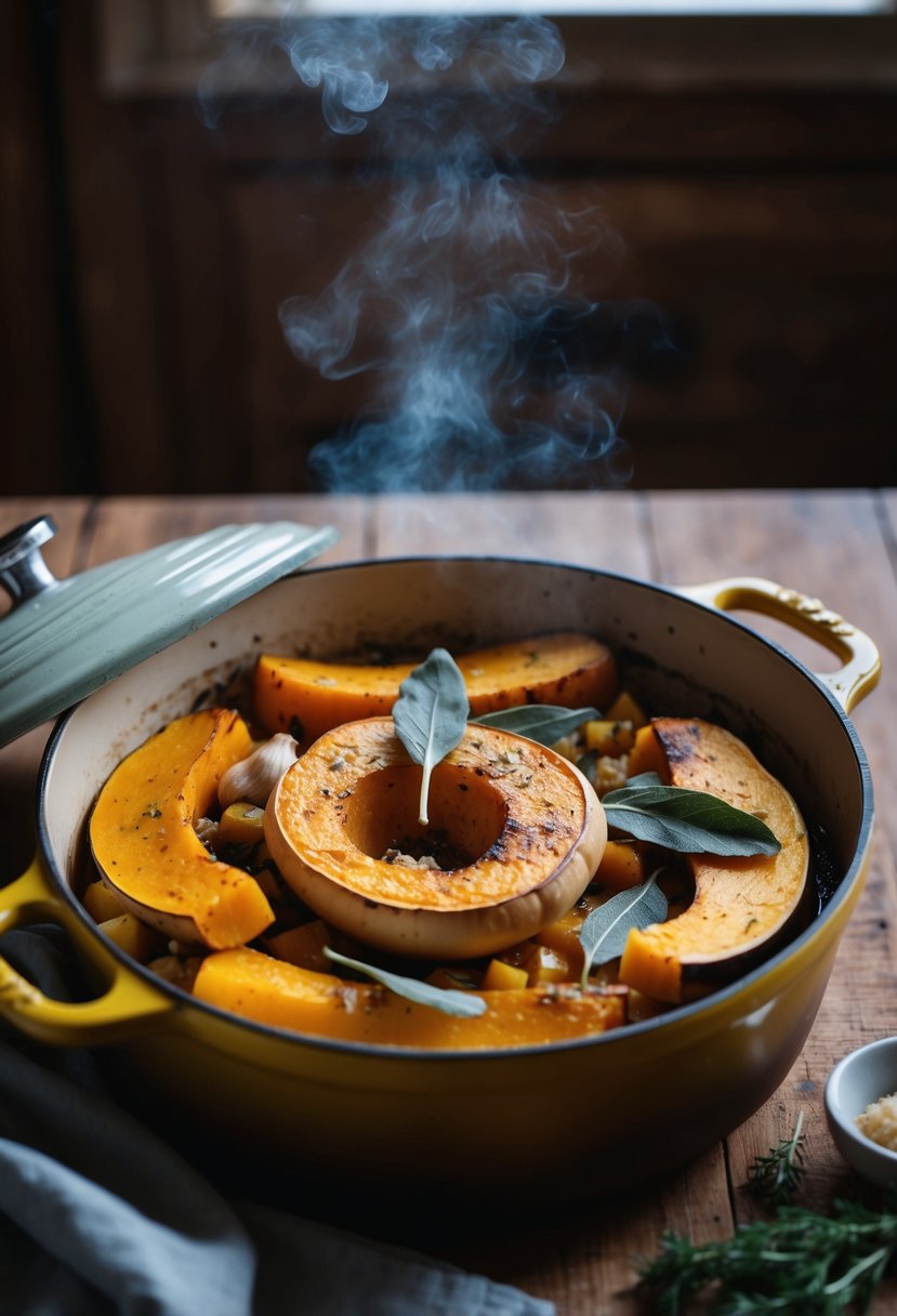 A rustic dutch oven filled with roasted butternut squash, sage, and garlic, emitting a mouthwatering aroma