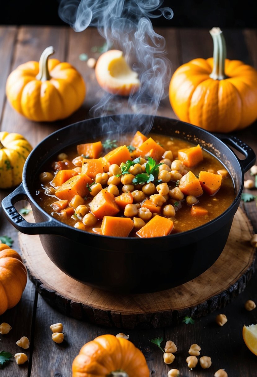 A bubbling Dutch oven sits on a rustic wooden table, filled with hearty pumpkin and chickpea stew. Steam rises from the pot, surrounded by scattered squash and other ingredients