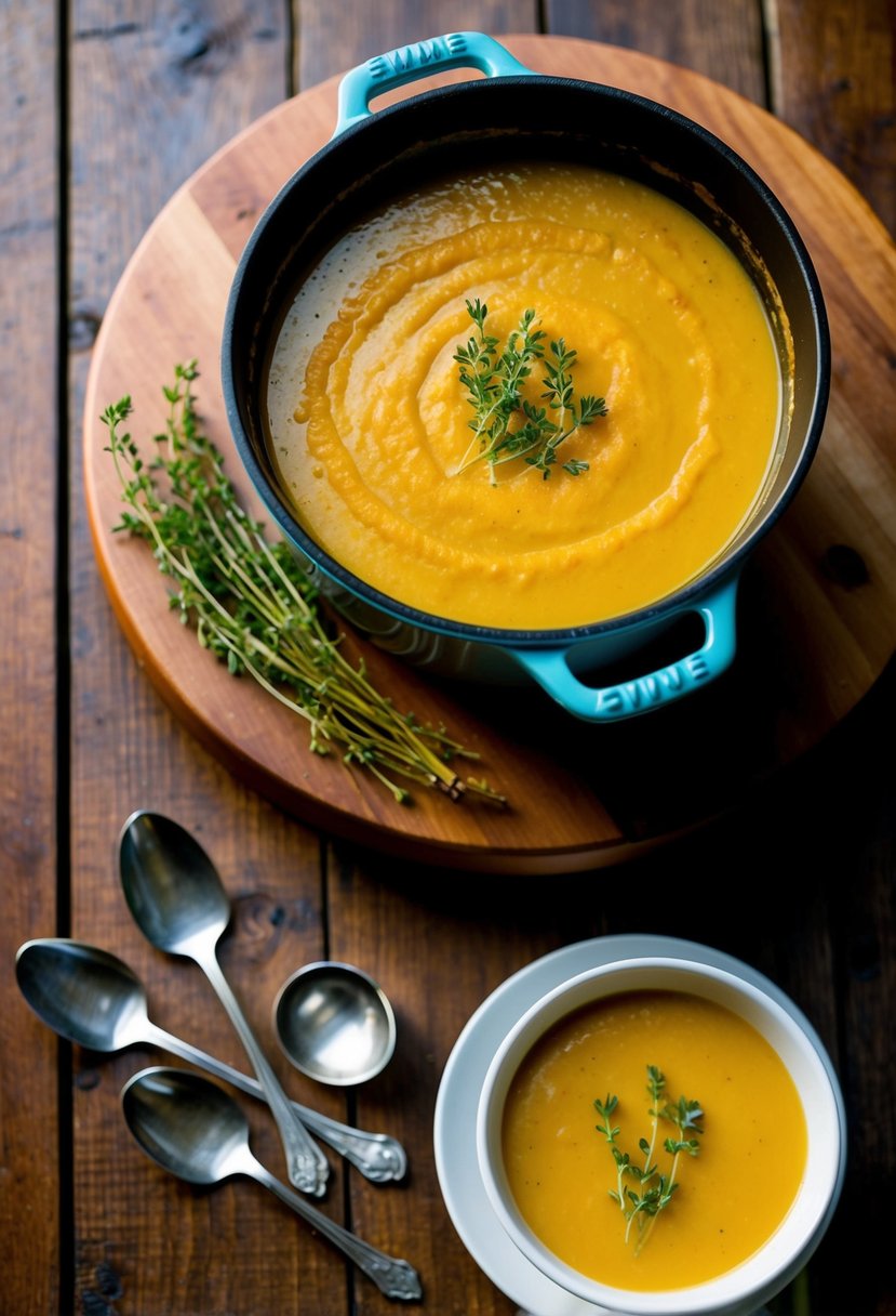 A rustic Dutch oven sits on a wooden table, filled with creamy Winter Squash Bisque. Sprigs of fresh thyme float on the surface, adding a pop of green to the golden soup