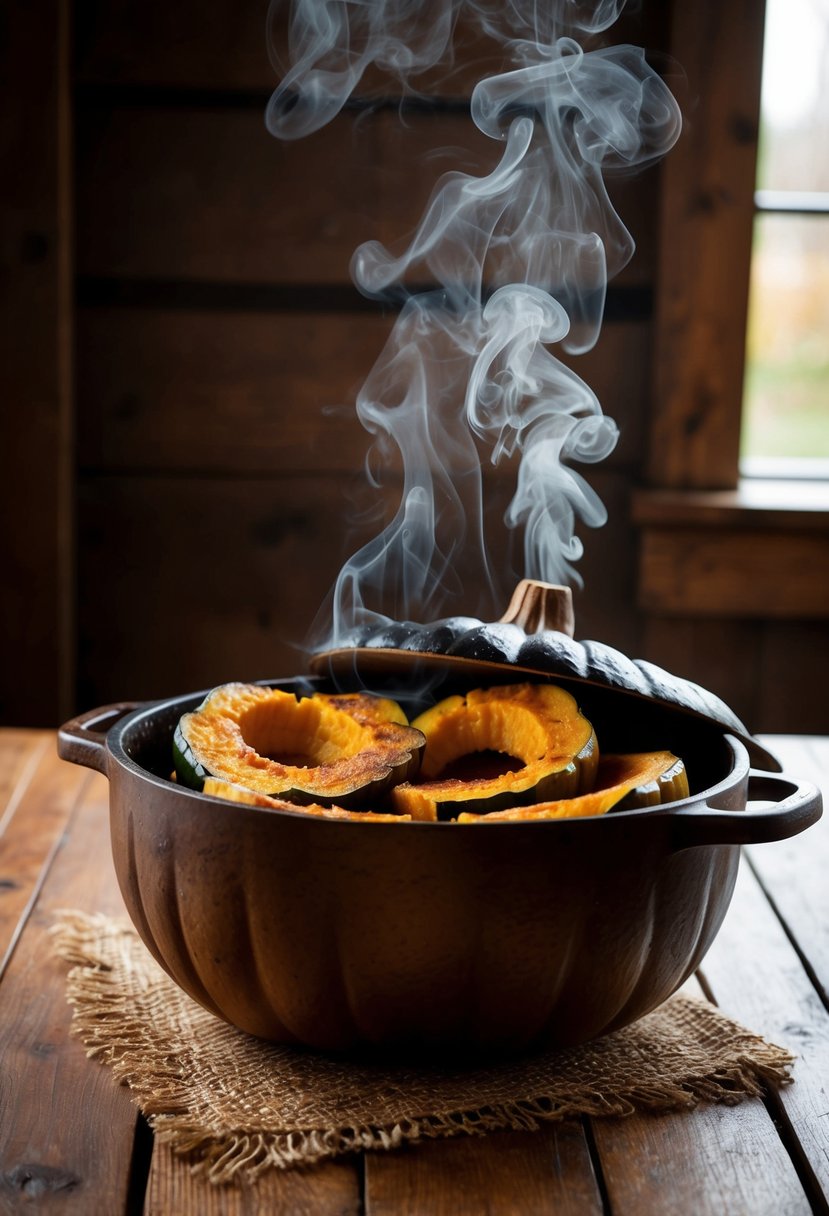 A rustic Dutch oven sits on a wooden table, filled with cinnamon-spiced acorn squash, steam rising from the tender, golden-brown slices