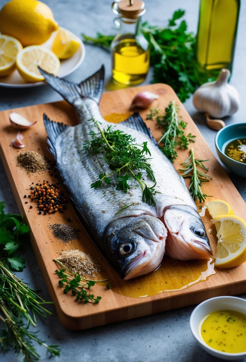 A halibut fish being prepared with fresh herbs and spices on a cutting board, surrounded by various ingredients like lemon, garlic, and olive oil