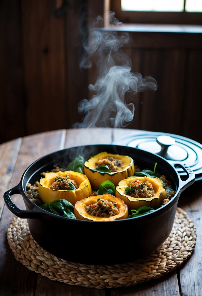 A dutch oven sits atop a rustic wooden table, filled with savory stuffed squash, quinoa, and spinach. The steam rises from the dish, creating a warm and inviting scene