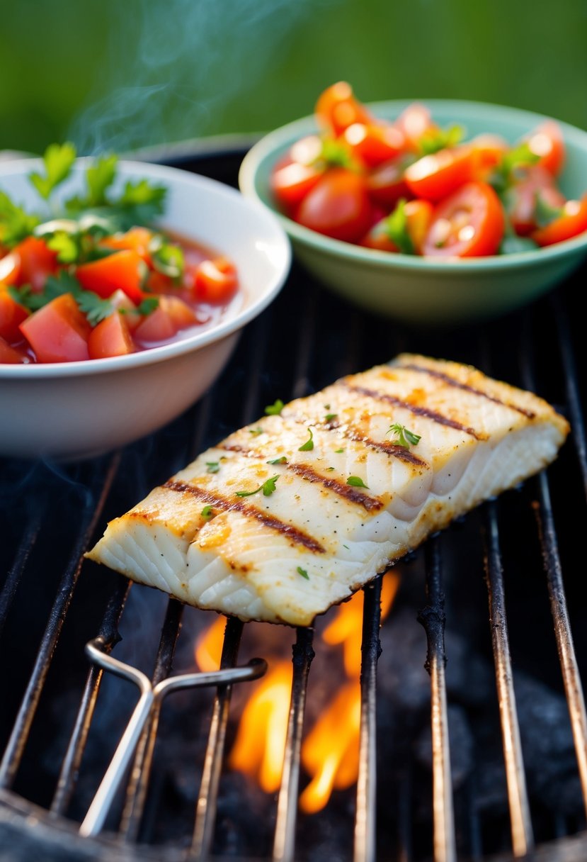 A halibut fillet grilling on a barbecue with vibrant tomato salsa in a bowl beside it