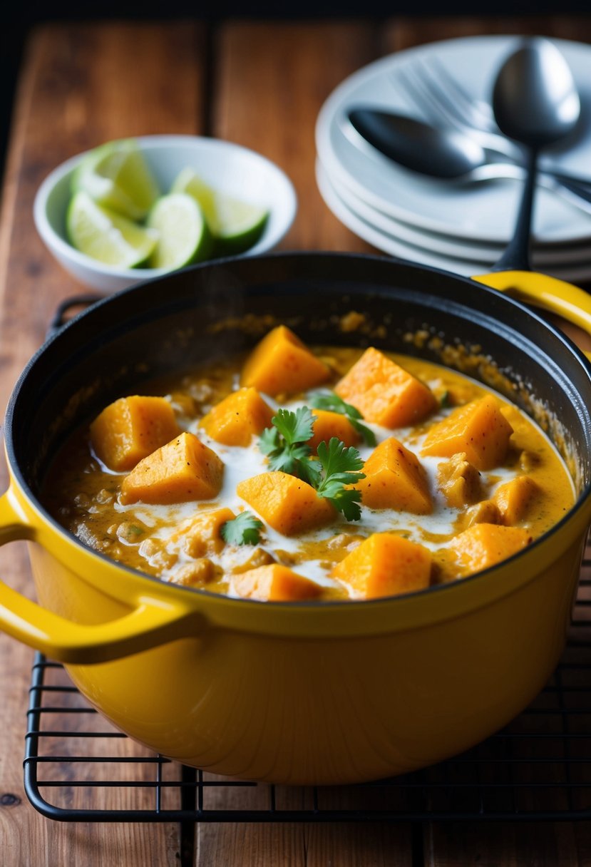 A bubbling dutch oven filled with butternut squash curry simmering in creamy coconut milk