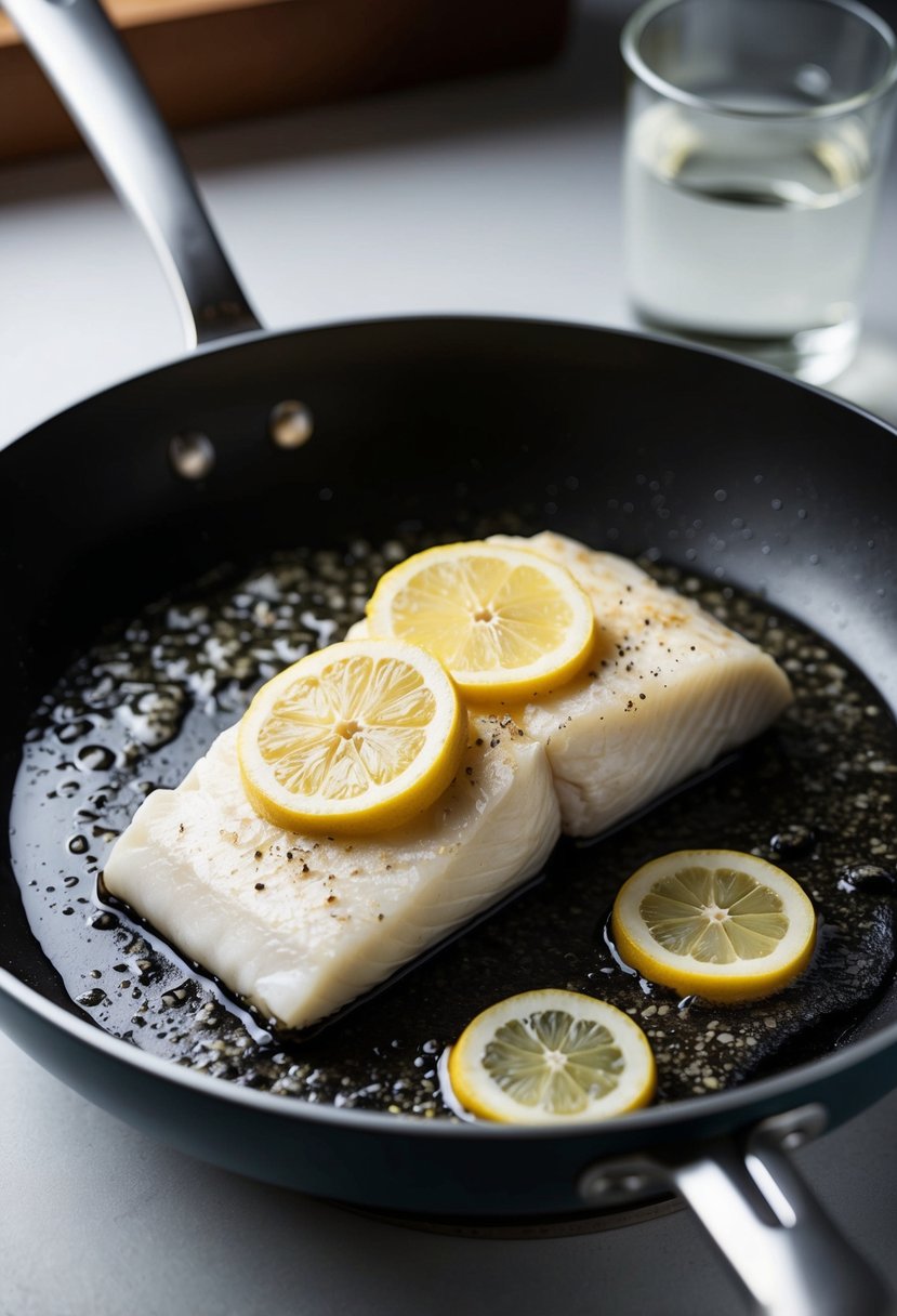 A halibut fillet sizzling in a hot pan with melted butter and lemon slices