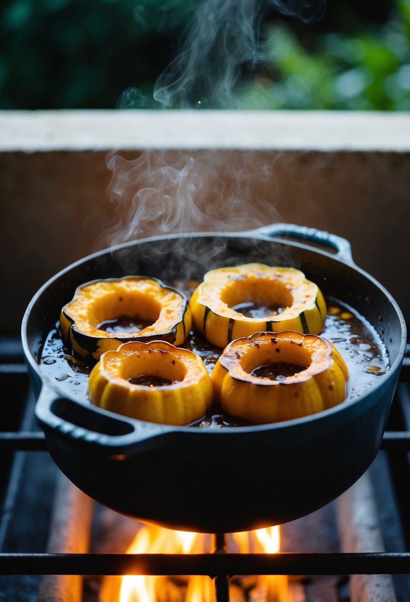 A bubbling Dutch oven filled with honey-glazed delicata squash, steaming and caramelizing over an open flame