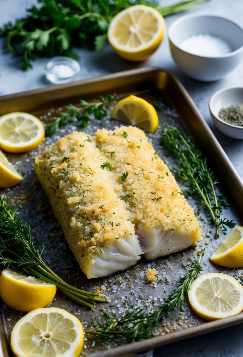 A halibut fillet coated in a golden herb crust, surrounded by fresh herbs, lemon slices, and a sprinkle of sea salt on a baking tray