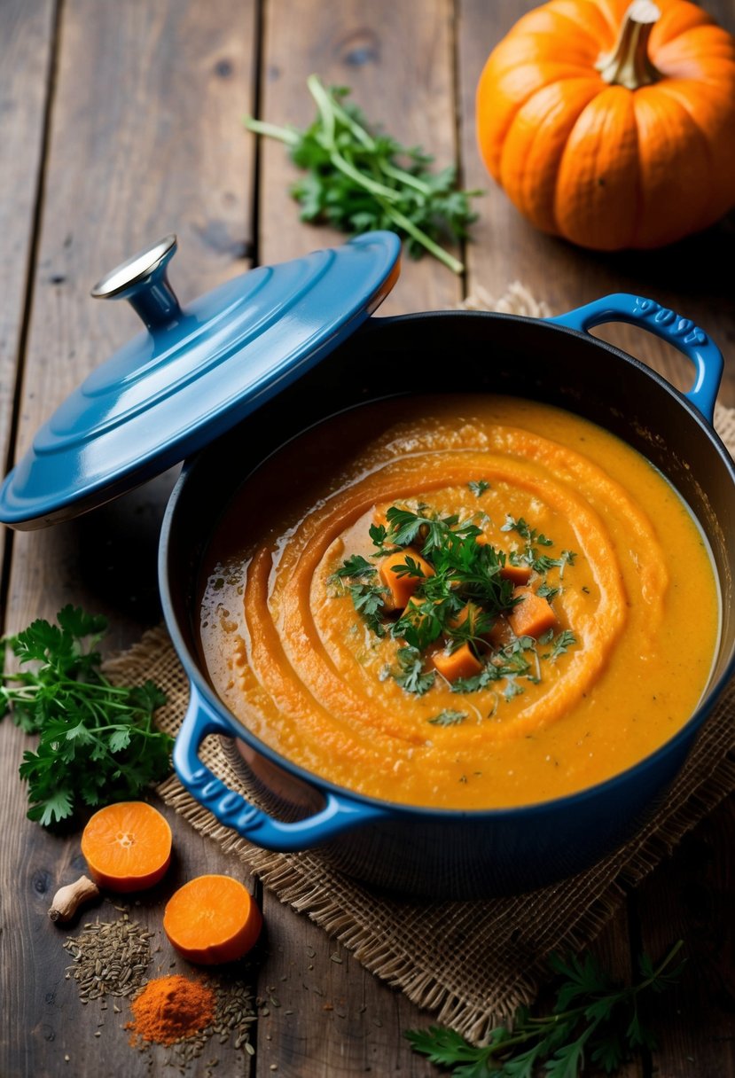 A steaming dutch oven sits on a rustic wooden table, filled with rich, orange ginger-spiced pumpkin and carrot soup. A scattering of fresh herbs and spices surrounds the pot