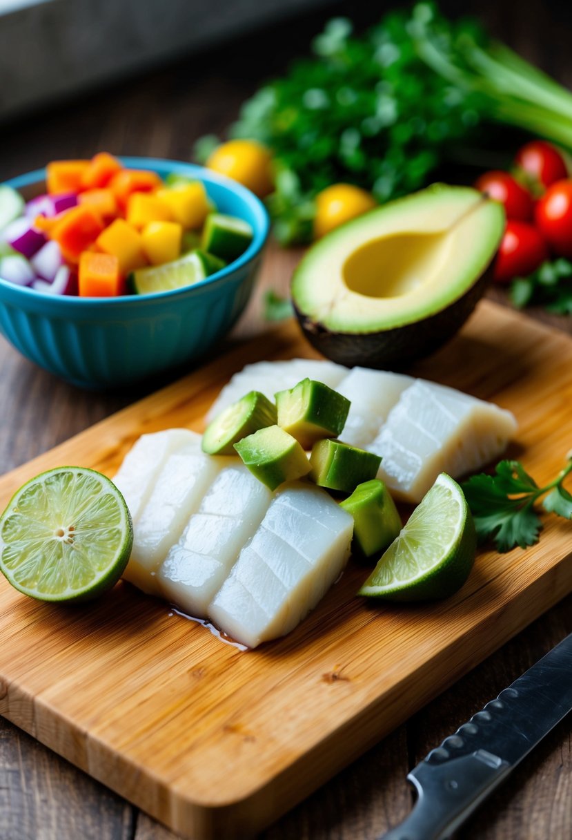 A wooden cutting board with fresh halibut fillets, diced avocado, lime wedges, and a bowl of colorful vegetables