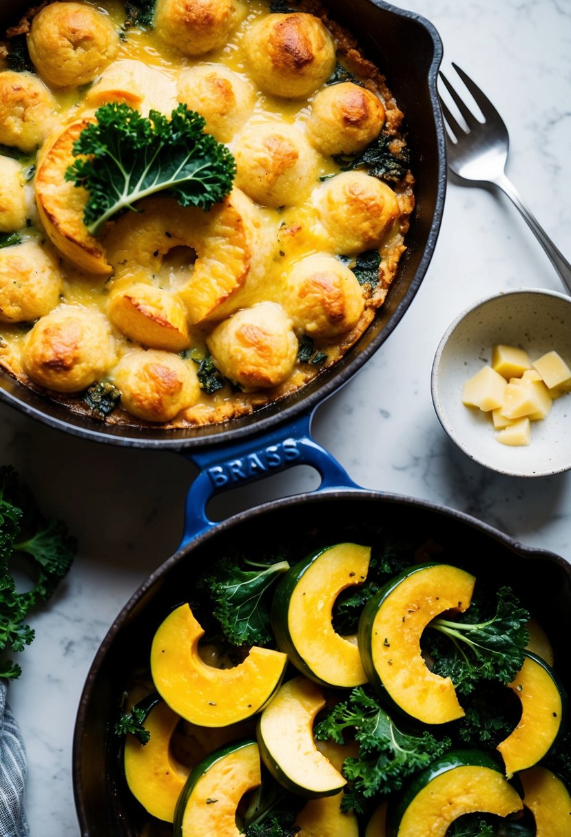 A rustic Dutch oven filled with layers of sliced squash and kale, topped with a golden, bubbling gratin crust