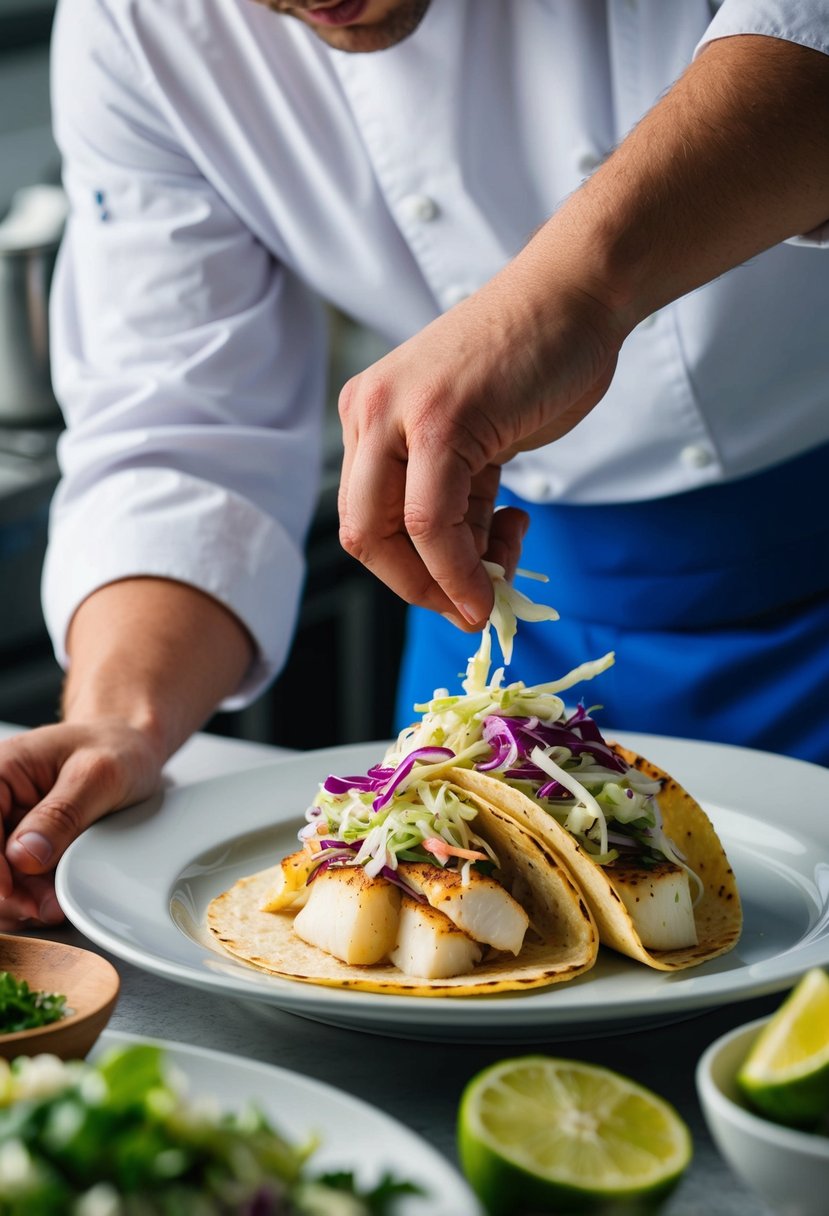 A chef prepares halibut tacos, topping them with vibrant cabbage slaw and fresh ingredients