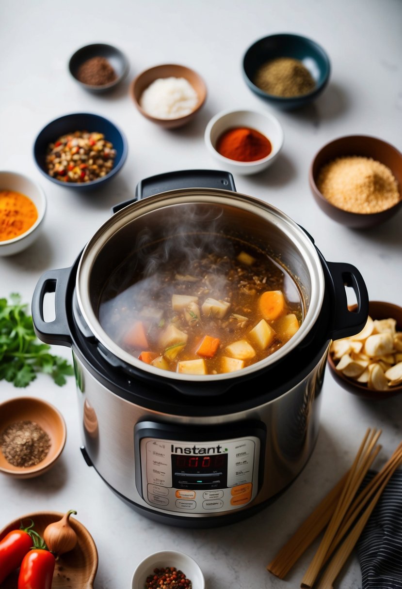 A steaming instant pot surrounded by various Korean ingredients and spices