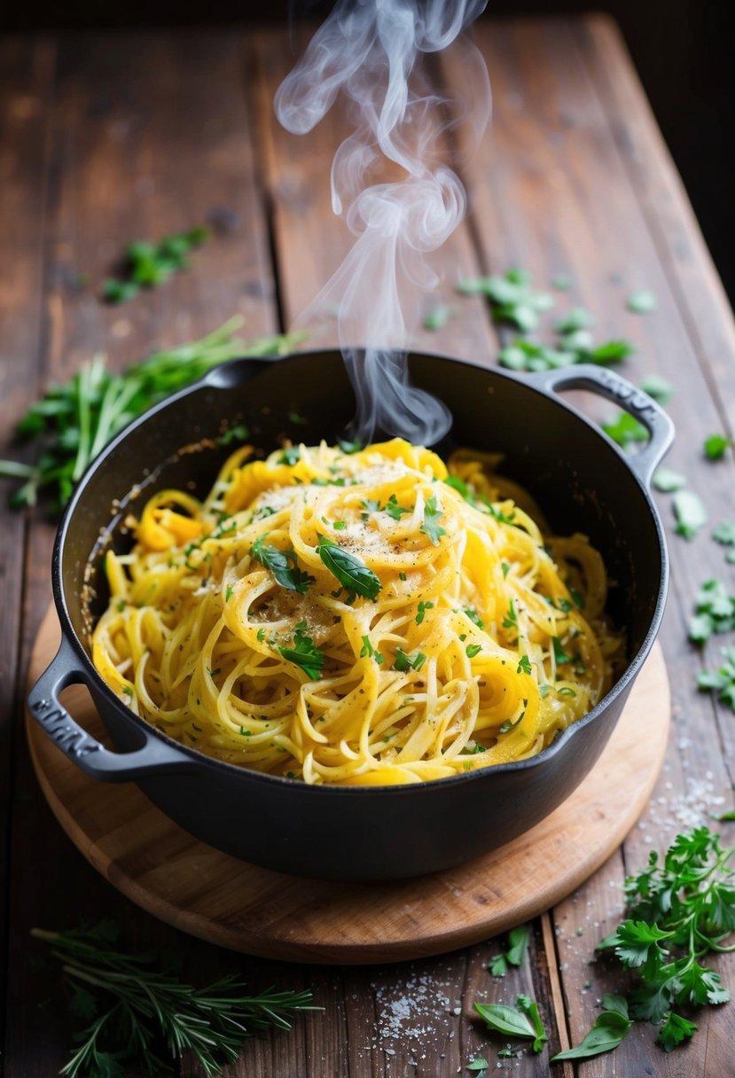 A rustic dutch oven sits on a wooden table, filled with herb-roasted spaghetti squash pasta. Steam rises from the dish, surrounded by scattered fresh herbs and a sprinkle of parmesan cheese