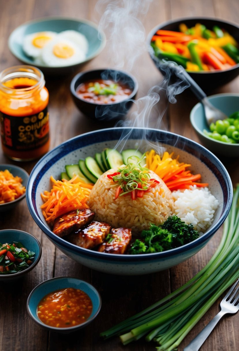 A steaming bowl of bibimbap sits on a wooden table, surrounded by small dishes of colorful vegetables and a jar of spicy gochujang sauce