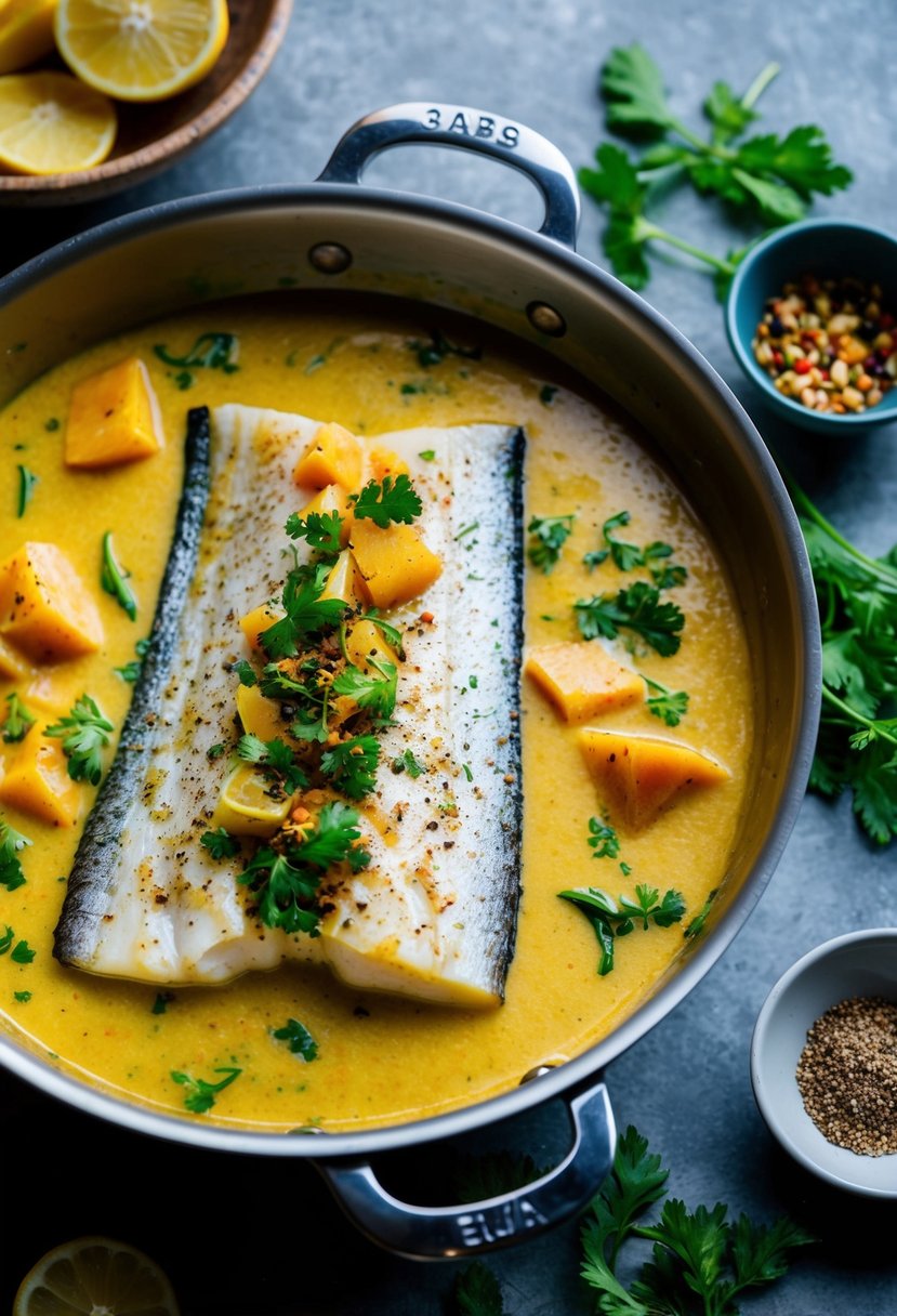 A halibut fish is gently simmering in a creamy coconut curry sauce, surrounded by vibrant herbs and spices