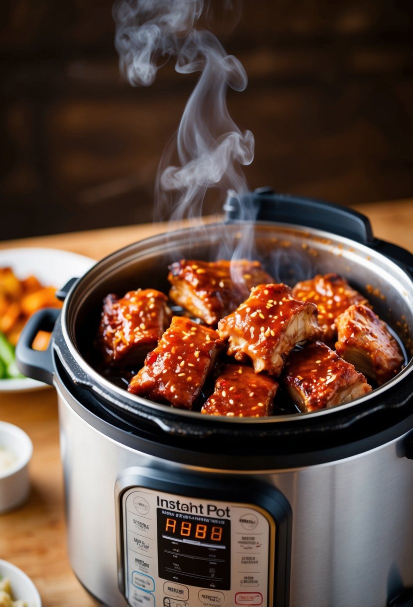 A sizzling instant pot filled with Korean BBQ ribs coated in a sweet and spicy marinade, steam rising from the succulent meat