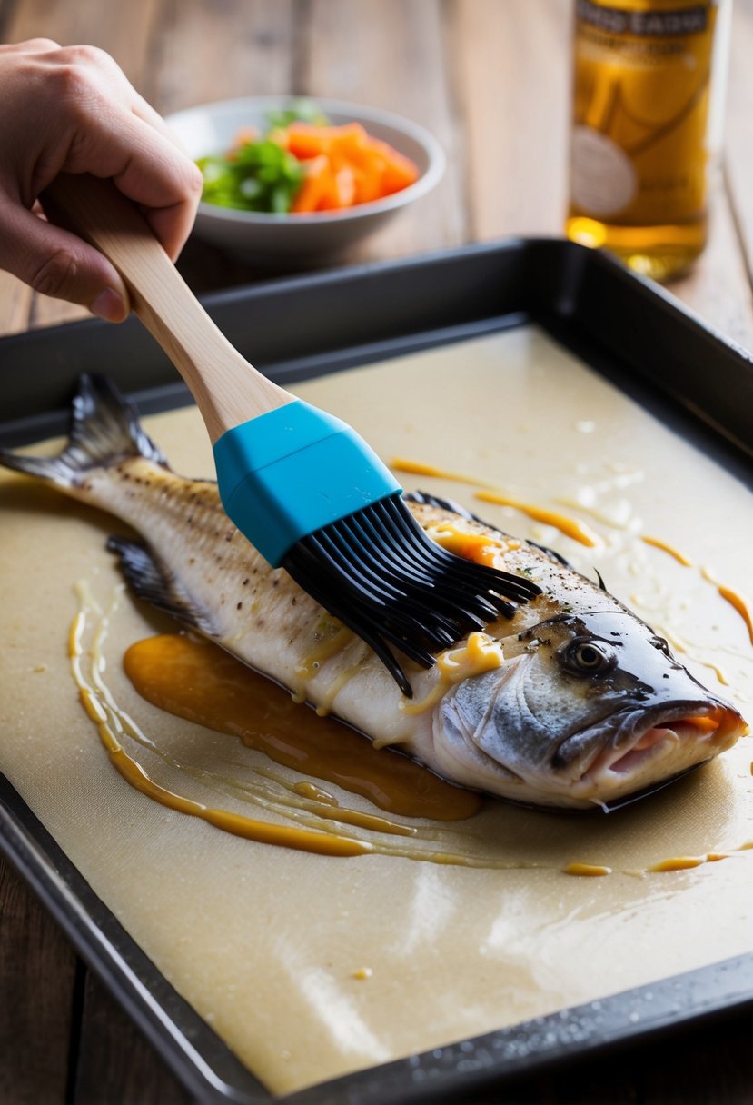 A halibut fish being brushed with miso glaze on a baking sheet