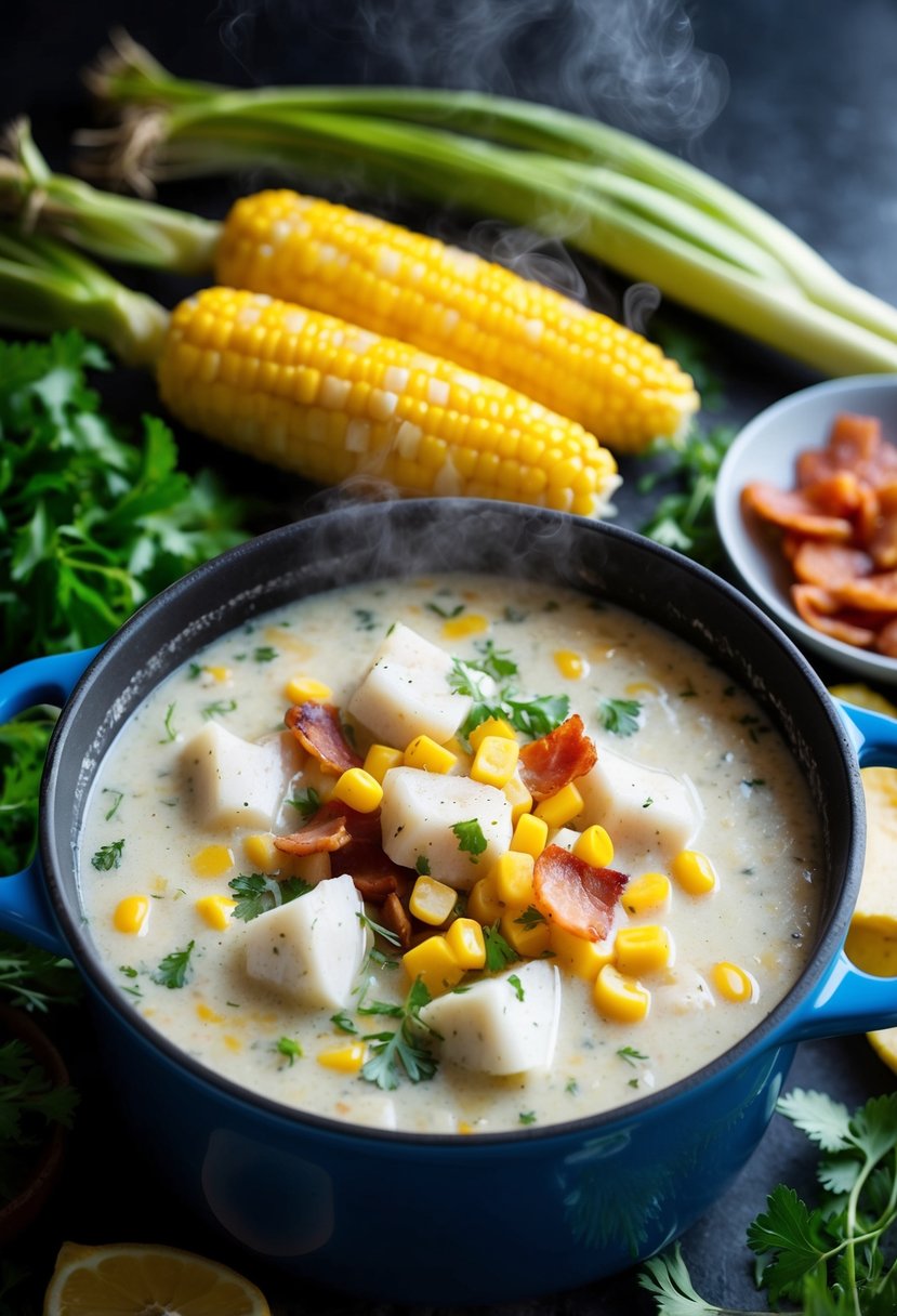 A steaming pot of halibut chowder with chunks of fish, corn, and bacon, surrounded by fresh ingredients like herbs and vegetables