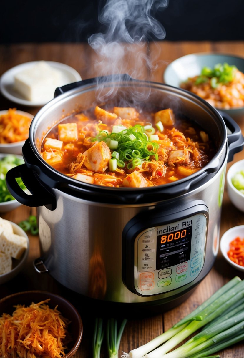 A steaming Instant Pot filled with bubbling Kimchi Jjigae surrounded by traditional Korean ingredients like kimchi, tofu, and green onions