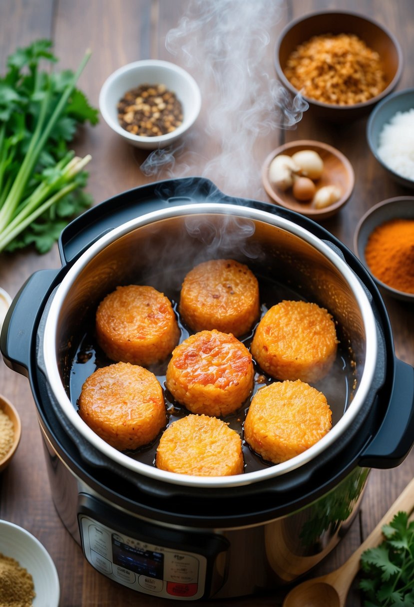 A steaming pot of spicy Tteokbokki rice cakes cooking in an Instant Pot, surrounded by traditional Korean ingredients and spices