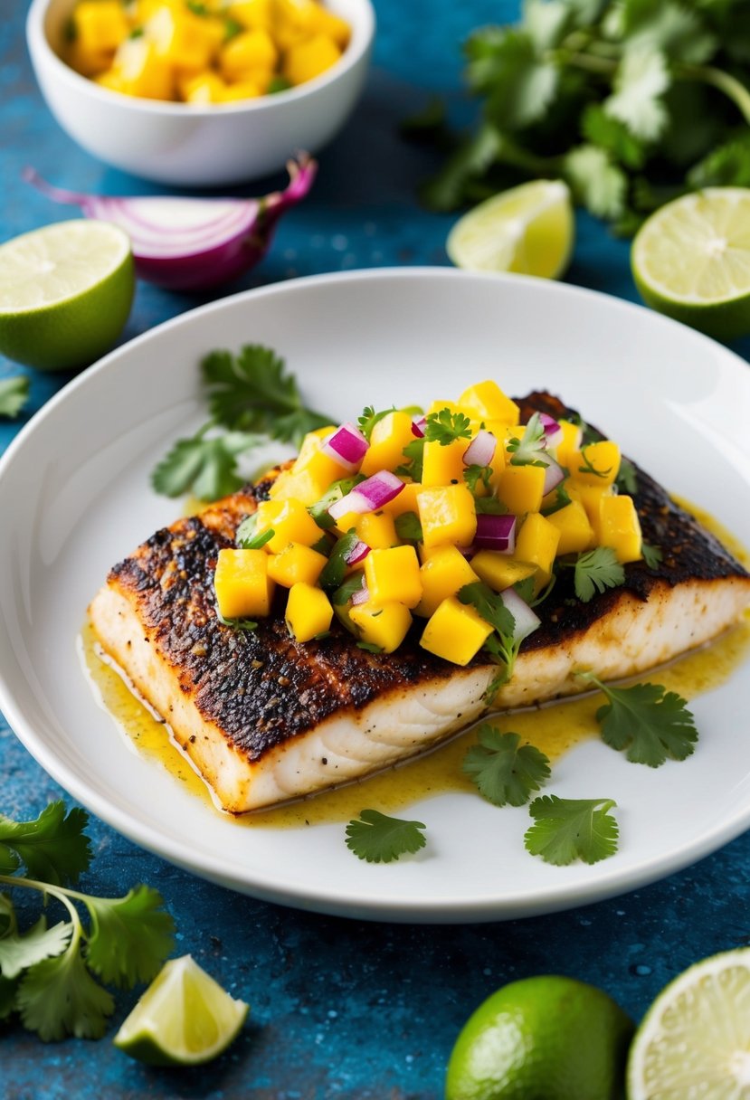 A sizzling blackened halibut fillet topped with vibrant mango salsa on a white plate, surrounded by colorful ingredients like cilantro, red onion, and lime