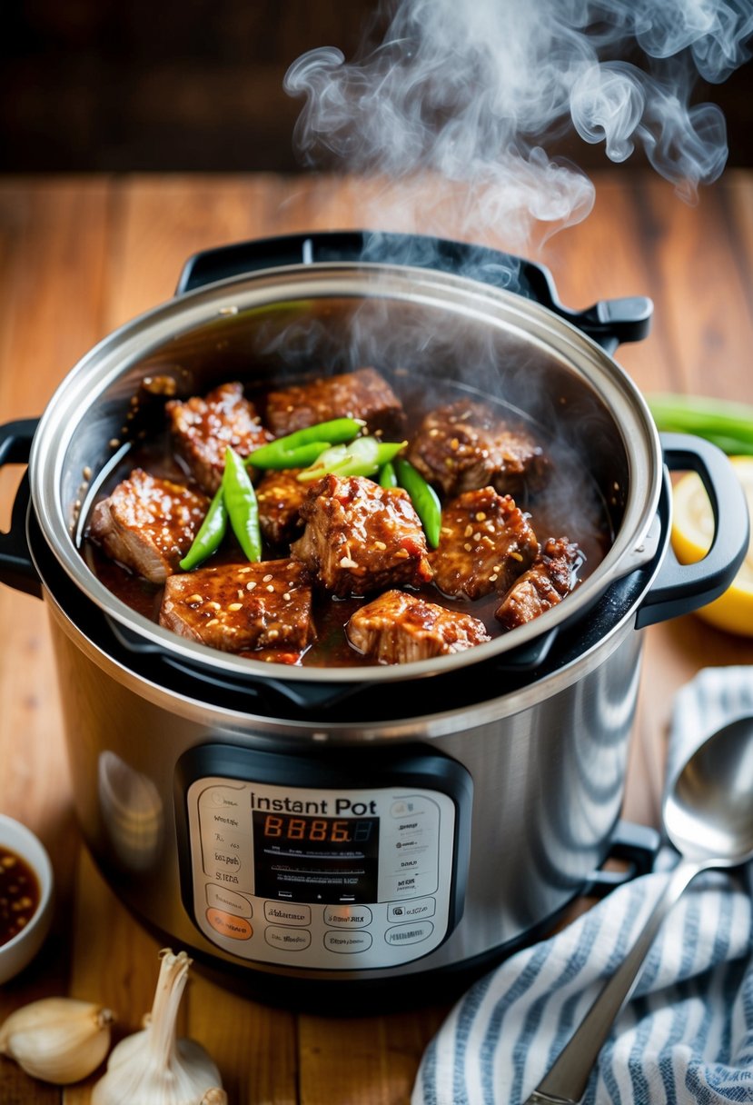 A steaming instant pot filled with sizzling Korean beef bulgogi in garlic soy sauce