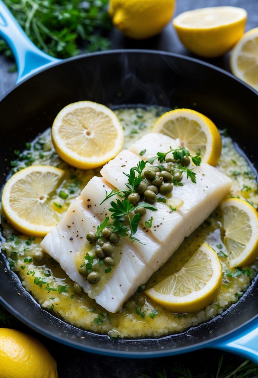 A halibut fillet sizzling in a skillet with a tangy lemon and caper sauce, surrounded by fresh herbs and sliced lemons