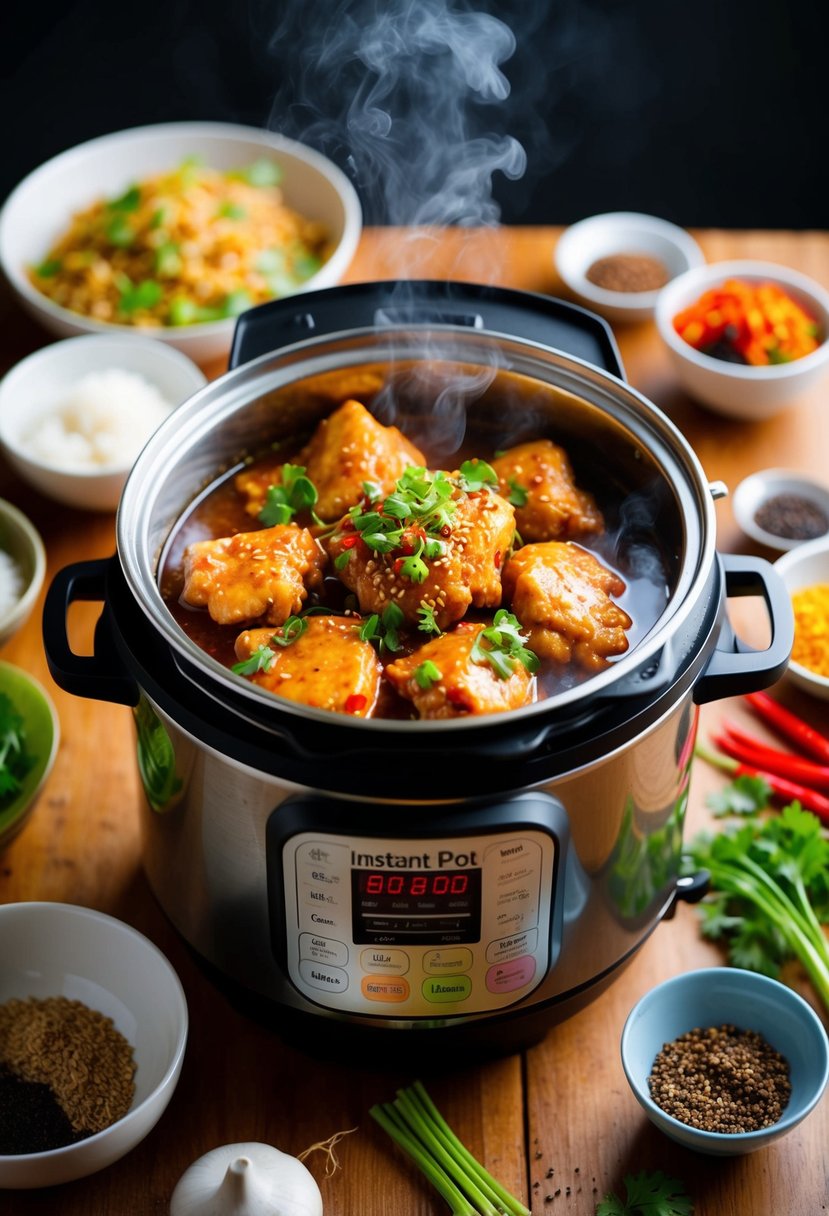 A steaming instant pot filled with Dak Galbi (Spicy Chicken) surrounded by vibrant Korean ingredients and spices