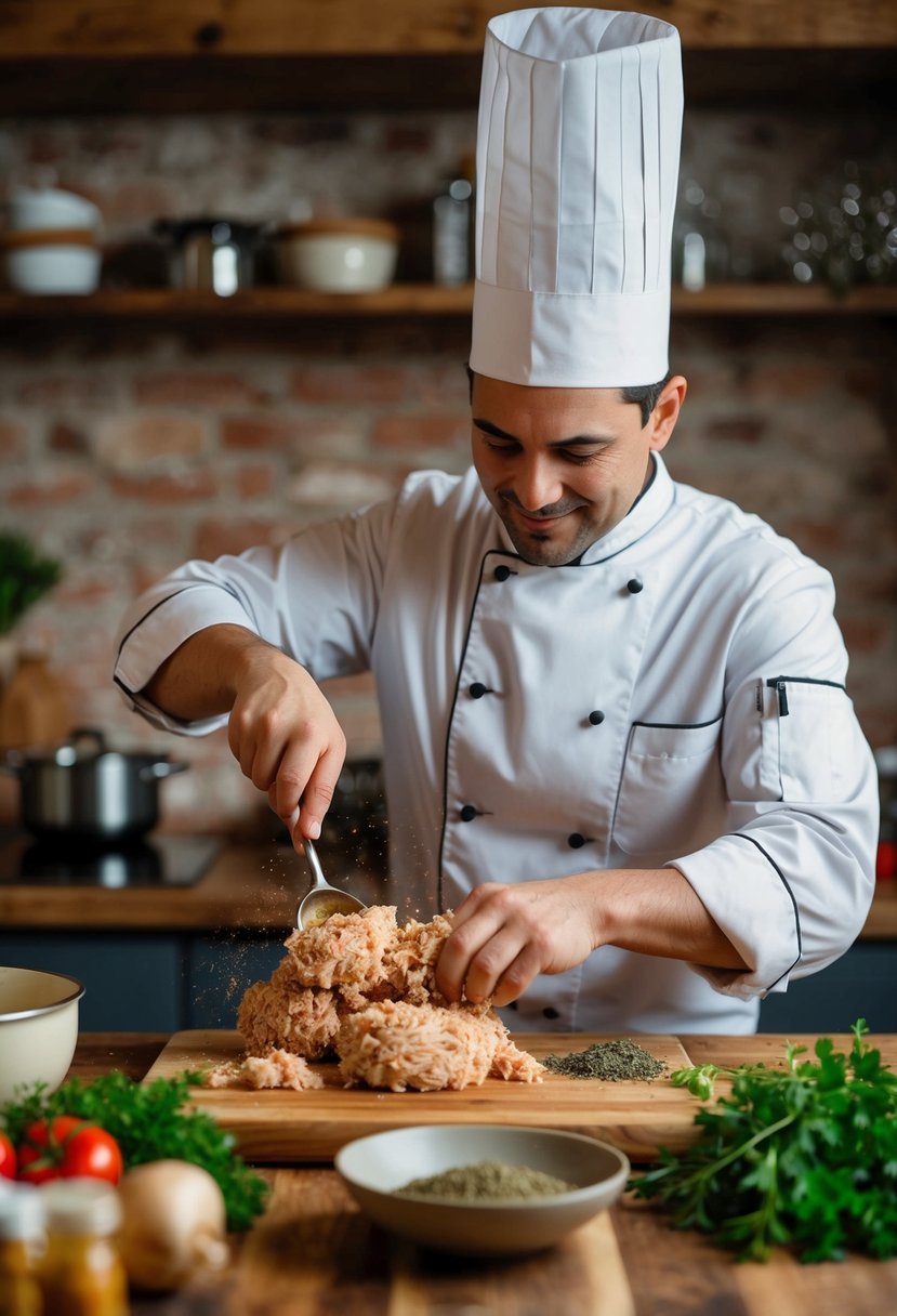 A chef mixing ground chicken with herbs and spices in a rustic Italian kitchen