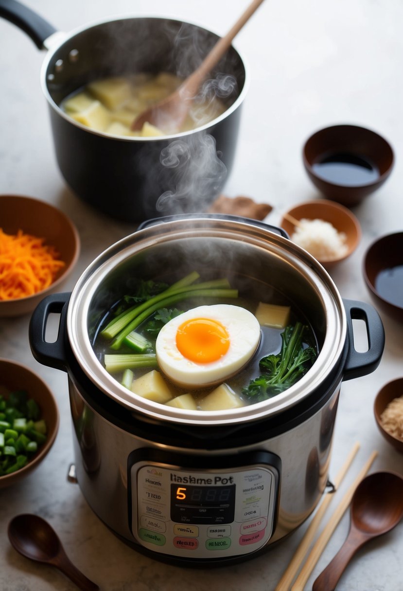 A steaming instant pot filled with Korean Steamed Egg, surrounded by traditional Korean cooking ingredients and utensils