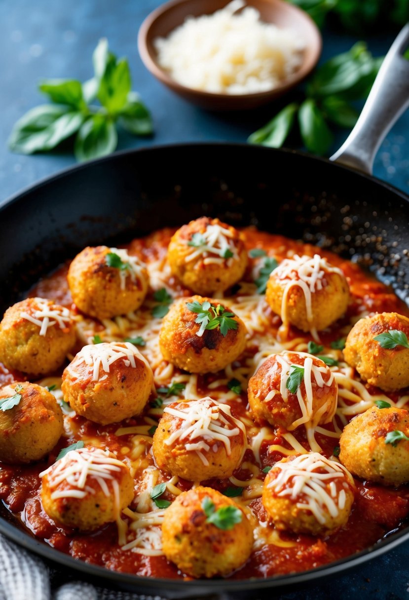 A sizzling skillet of golden-brown chicken parmesan meatballs, surrounded by vibrant marinara sauce and topped with melted mozzarella cheese