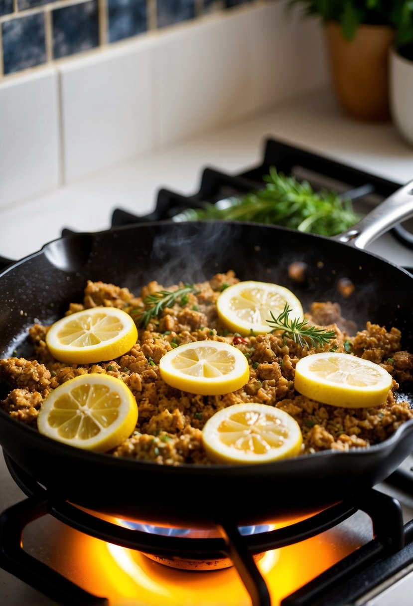 A sizzling skillet with Italian ground chicken, lemon slices, and Tuscan herbs cooking over a stovetop flame